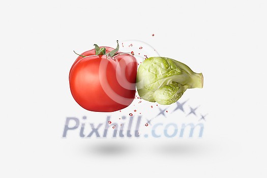 Creative vegan composition from fresh natural organic cabbage in the shape of boxing glove punching red tomato vegetable with splash on a white background, copy space. Vegan healthy food concept. Creative vegan composition from fresh natural organic cabbage in the shape of boxing glove punching red tomato vegetable with splash on a white background, copy space. Vegan healthy food concept.