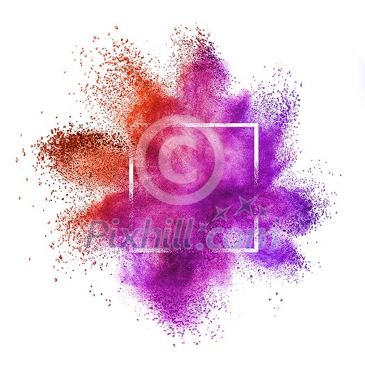 Square frame with abstract dust or powder splash in red and purple colors on a white background, copy space. Square frame with abstract dust or powder splash in red and purple colors on a white background, copy space.