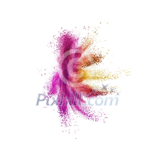 Abstract splash from multicolored powder or dust in the shape of flower on a white background, copy space. Abstract splash from multicolored powder or dust in the shape of flower on a white background, copy space.