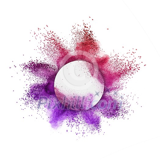 Creative round frame with colorful powder or dust splash around it on a white background, copy space. Creative round frame with colorful powder or dust splash around it on a white background, copy space.