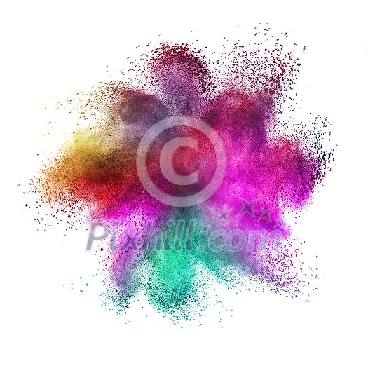 Decorative abstract chaotic powder or dust colorful explosion on a white background with copy space. Decorative abstract chaotic powder or dust colorful explosion on a white background with copy space.