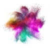 Decorative abstract chaotic powder or dust colorful explosion on a white background with copy space.