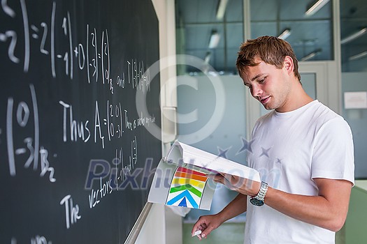 Handsome college student solving a math problem during math class in front of the blackboard/chalkboard (color toned image) Handsome college student solving a math problem during math class in front of the blackboard/chalkboard (color toned image)
