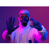 Coronavirus, Doctor holding positive covid-19 virus Blood Sample tube. Wearing biohazard epidemic Protective mask, suit and glows.