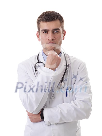 Portrait of hero in white coat. Cheerful smiling young doctor with stethoscope in medical hospital standing against white background. Coronavirus covid-19 danger alert Portrait of hero in white coat. Cheerful smiling young doctor with stethoscope in medical hospital standing against white background. Coronavirus covid-19 danger alert