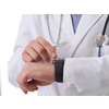 Partial view of  male doctor using smartwatch while checking heartbeat pulse