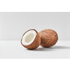 Whole natural exotic ripe coconut fruit with half on a duotone light grey background with soft shadows, copy space. Vegetarian concept.