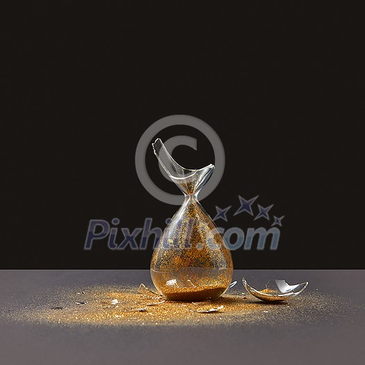 Vertically standing crashed old-fashioned aged hourglass with bits of glass and golden sand on a duotone dark background, copy space. Vertically standing crashed old-fashioned aged hourglass with bits of glass and golden sand on a duotone dark background, copy space.
