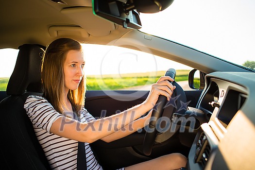 Pretty, young woman by the roadside after her car has broken down, inspecting the engine Pretty, young woman by the roadside after her car has broken down, inspecting the engine