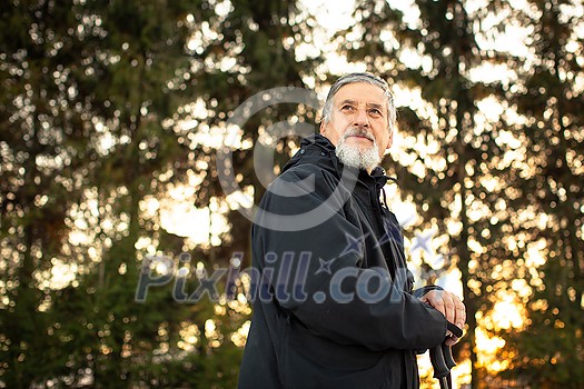 Senior man nordic walking, enjoying the outdoors, the fresh air, getting the necessary exercise