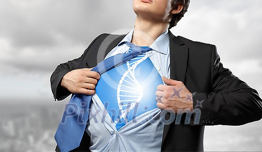 Businessman opening his shirt on chest acting like super hero Businessman opening his shirt on chest acting like super hero
