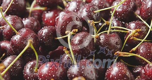 Tracking slow motion video of a wet ripe red cherries fruits. Close-up cherries background with drops of water on berries. Soft focus. Shallow depth of field. 4K video.