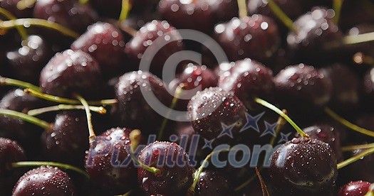 Slow motion panning video in 4K of a wet ripe red cherries fruits. Close-up cherries background with drops of water on berries. Soft focus. Shallow depth of field.