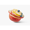 Close-up view of fresh ripe organic natural apple with slices of banana and blueberries on a white background wih soft shadows, copy space. Vegan healthy food concept.