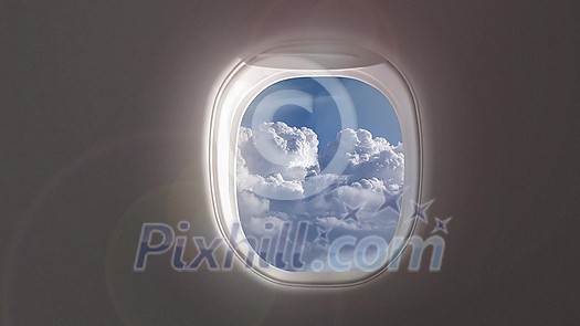 Panoramic aerial video of cloudscape from huge cumulus clouds lighted bright sunny beams on a blue clear sky background from window inside airplane in a summer day. 4K UHD video 3840, 2160p. Panoramic aerial video of cloudscape from huge cumulus clouds lighted bright sunny beams on a blue clear sky background from window inside airplane in a summer day. 4K UHD video 3840, 2160p.