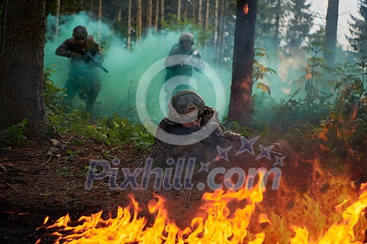 Modern warfare Soldiers Squad Running as Team in Battle Formation Modern warfare Soldiers Squad Running as Team in Battle Formation
