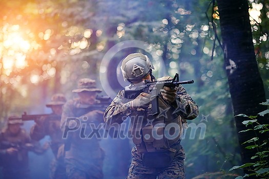 Modern warfare Soldiers Squad Running as Team in Battle Formation Modern warfare Soldiers Squad Running as Team in Battle Formation