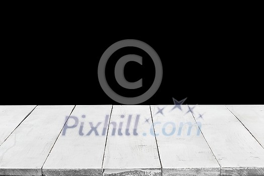 Empty perspective, white wooden boards or desktop against black background. May be used as template and mockup for display or montage of your products. Close up, copy space Empty perspective, white wooden boards or desktop against black background. May be used as template and mockup for display or montage of your products. Close up, copy space