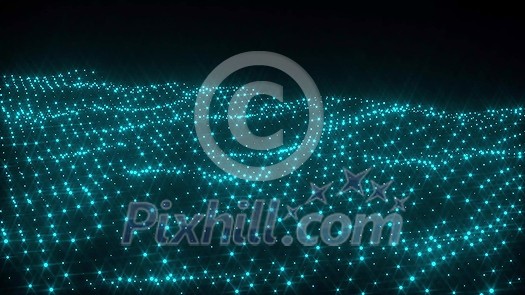 Moving surface of lighting dots of blockchain network and wireframe polygonal structures on a dark black background. Internet connection and technology graphic design. 4K UHD video 3840, 2160p.