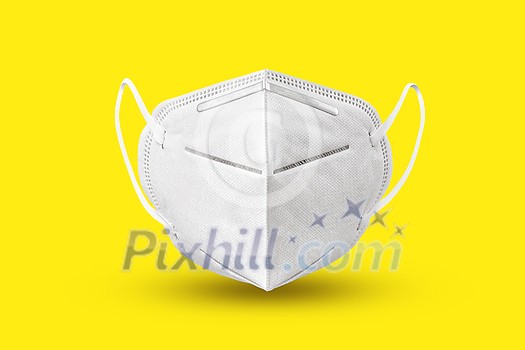 Medical antibacterial protective face mask floating above yellow background with soft shadows, copy space. Concept of prevention from respiratory sickness and viruses.