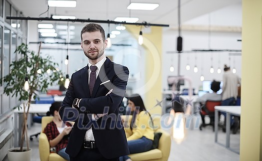 businessman portrait in modern startup business coworking space with bulb decoration representing concept of innovation and idea