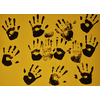 creative children black handprints painting on yellow paper