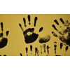 creative children black handprints painting on yellow paper