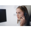 business and technology concept - helpline female operator with headphones in call centre  Business woman with headsets working in a call center