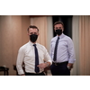corporate business team wearing crona virus protection face mask keep social distance in luxury office