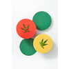 Colorful paper round cards with natural medical cannabis leaves on a light grey background, copy space. Use of cannabis for medical purposes. Top view.