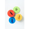Multicolored paper round cards with bottles of natural medical cannabis essential CBD oil on a light grey background, copy space. Use of cannabis for medical purposes. Top view.