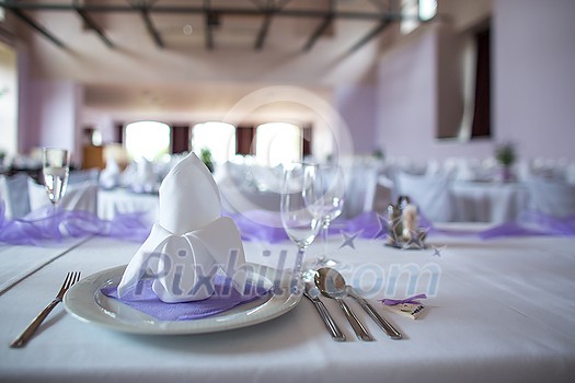 Lovely wedding venue - Wedding reception room, tables set and ready Lovely wedding venue - Wedding reception room, tables set and ready