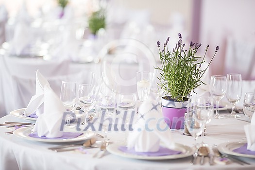 Lovely wedding venue - Wedding reception room, tables set and ready Lovely wedding venue - Wedding reception room, tables set and ready