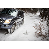 Motion blurred image of a big suv car going fast on a snow covered forest road