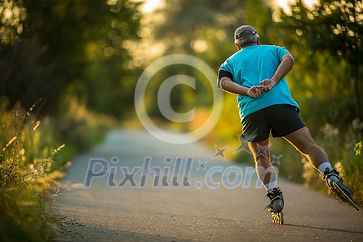 Senior man skating outdoors on a lovely summer evening. Getting his daily dose of cardio. Senior man skating outdoors on a lovely summer evening. Getting his daily dose of cardio.
