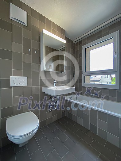 Rental apartment bathroom cleaned and ready for a new tenant to move in - Modern, bright apartment in a city center briging monthly passive, rental income to its owner Rental apartment bathroom cleaned and ready for a new tenant to move in - Modern, bright apartment in a city center briging monthly passive, rental income to its owner