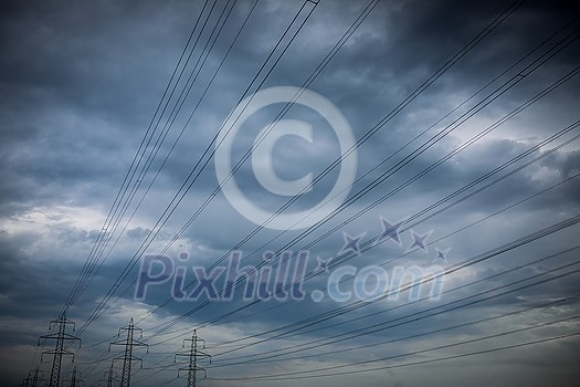 High-voltage power lines. electricity distribution station . high voltage electric transmission tower in landscape