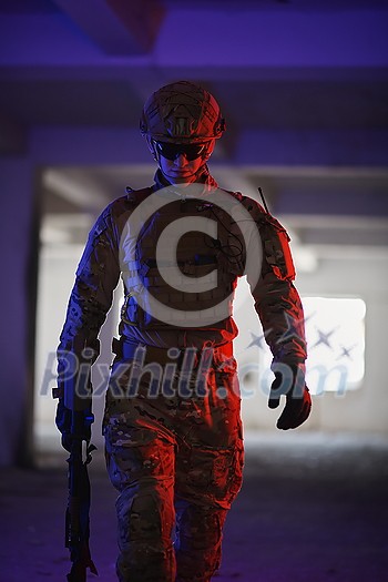 modern warfare soldier in urban environment portrait color lighti ng background modern warfare soldier in urban environment portrait color lighti ng background