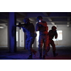 modern warfare soldiers team in tactical formation have action urban environment colored lighting