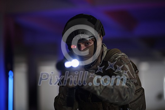 modern warfare soldier in urban environment  battlefield aiming on weapons and scanning for target