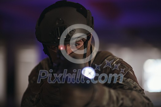 modern warfare soldier in urban environment  battlefield aiming on weapons and scanning for target