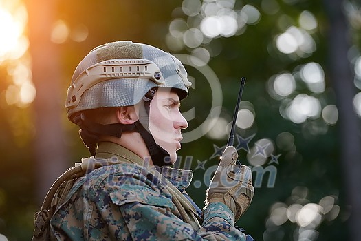 Modern Warfare Soldier Commander Officer Talking Portable Radio Station and Give Orders Subdivision Squad Modern Warfare Soldier Commander Officer Talking Portable Radio Station and Give Orders Subdivision Squad
