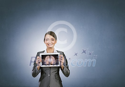 Woman holding tablet pc with lungs xray concept Woman holding tablet pc with lungs xray concept