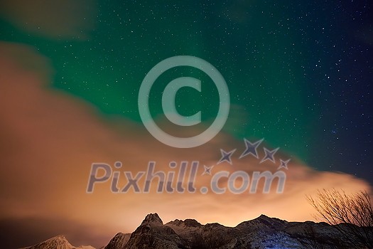 Aurora borealis Green northern lights above mountains on the Lofoten islands, Norway. Night sky with polar lights. Night winter landscape with aurora. Aurora borealis Green northern lights above mountains on the Lofoten islands, Norway. Night sky with polar lights. Night winter landscape with aurora.