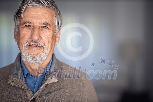 Portrait of happy senior man smiling at home. Close up face of elderly guy enjoying retirement. Portrait of happy senior man smiling at home. Close up face of elderly guy enjoying retirement.