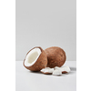 Fresh natural organic ripe whole coconut fruit with half and pieces on a light grey duotone background, copy space. Vegetarian concept.
