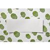 Greeting postcard from small leaves of fresh natural evergreen Eucalyptus plant and paper sheet for text on a light grey background, copy space. Top view.