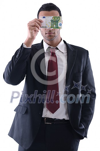 Portrait of a business man holding and catch falling money bills, isolated on white background in studio Portrait of a business man holding and catch falling money bills, isolated on white background in studio