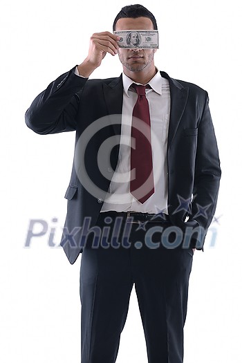 Portrait of a business man holding and catch falling money bills, isolated on white background in studio