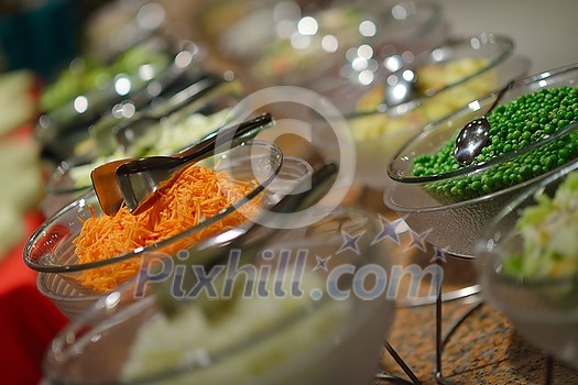 catering buffet food indoor in luxury restaurant with meat colorful fruits  and vegetables